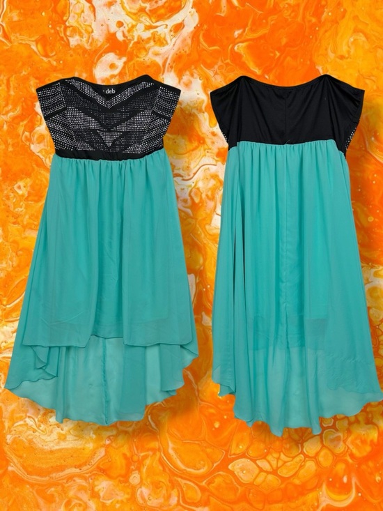 Deb Dresses & Skirts - Deb Y2K Boho Rhinestone Strapless High Low Chiffon Flowy Dress Teal